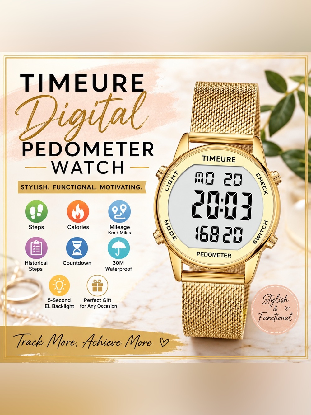 TIMEURE Digital Pedometer Watch Gold Mesh Band. Waterproof Step Counter Fitness
